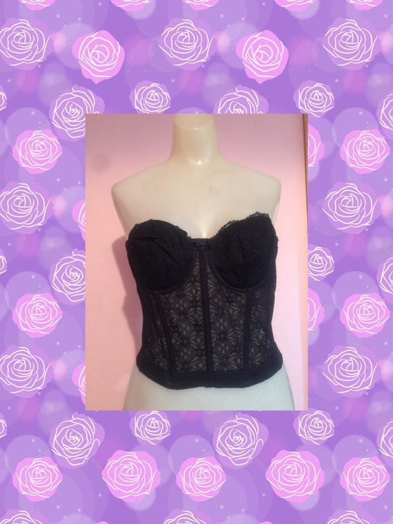Vintage 1980s Sears Black Lace Underwire Strapless