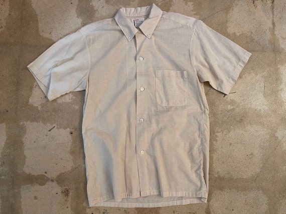 Vintage 60s Men’s Short Sleeve Beige Check Cotton… - image 2