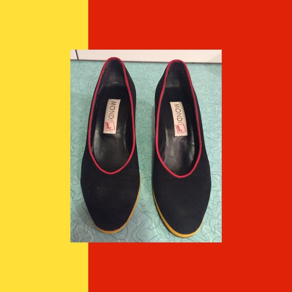 Vintage 1980s Black Suede Color Block Pumps By Mon