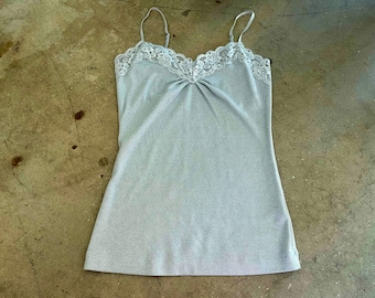 Vintage Y2K 00s Silver Shimmer Lace Trimmed Tank Top Size Medium