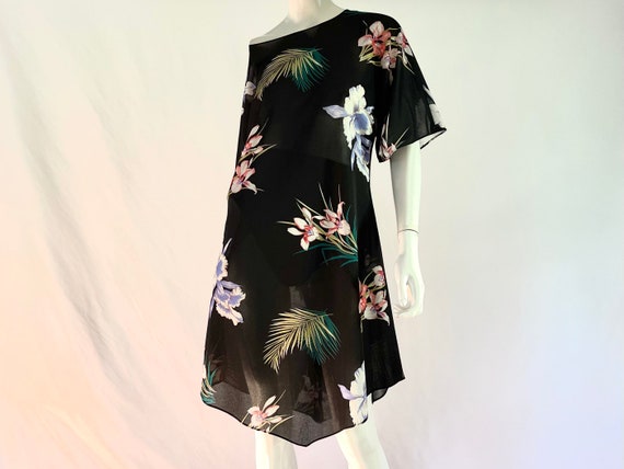 Vintage 70s Sheer Tropical Black Polyester Sheath… - image 1