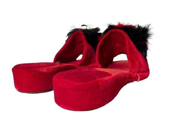 Vintage 1950s Velvet Slippers With Faux Fur Pom P… - image 9