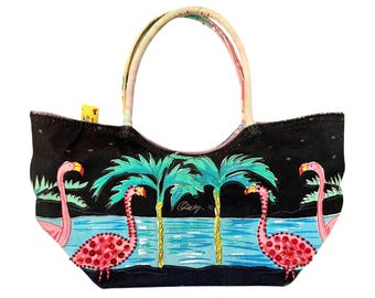 Vintage Y2K Canvas Beach Tote, Tropical Flamingo Palm Tree Design