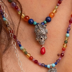 Unique Mexican Silver Necklace, FIne Silver Jewelry, Regalo para Mujer, Mexican Calaca, Sugar Skull Charm .