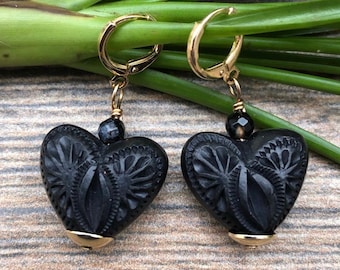 Handcrafted Oaxaca Black Clay Heart Earrings, Authentic Mexican Barro Negro Jewelry.