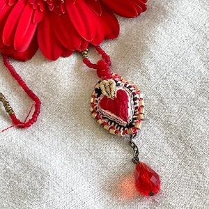 Handmade Necklace, Embroidered Heart Pendant, Unique Textile Jewelry.