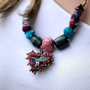 Embroidered Heart Necklace, Handmade Jewelry, Bohemian Necklace.