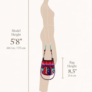 May include: A colorful bucket bag with geometric patterns in red, blue, and black, featuring two large tassels and a braided strap. The bag height is 8.5 inches, shown next to a silhouette of a person with a height of 5'8 inches for scale.