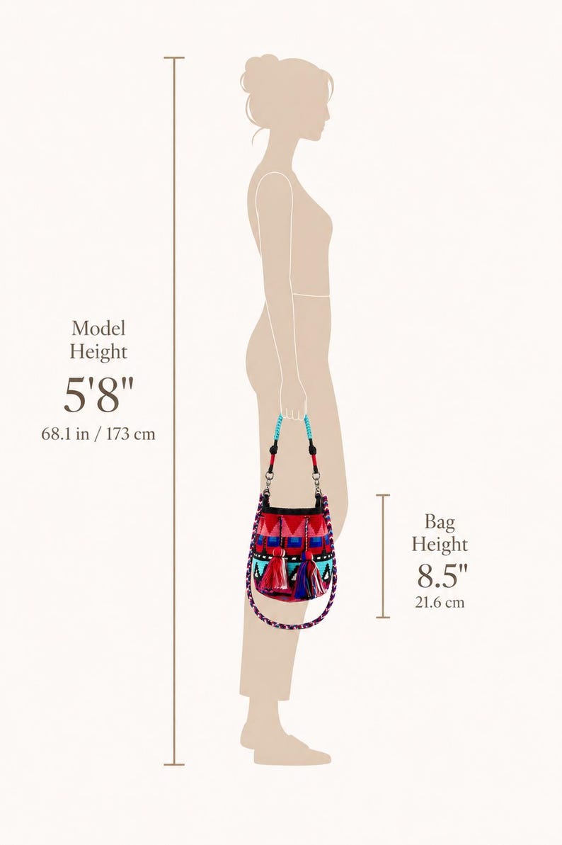 May include: A colorful bucket bag with geometric patterns in red, blue, and black, featuring two large tassels and a braided strap. The bag height is 8.5 inches, shown next to a silhouette of a person with a height of 5'8 inches for scale.