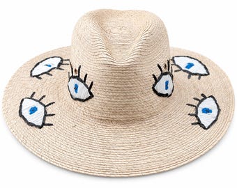 Eye Motif Straw Hat, Handmade Mexican Sun Hat, Wide Brim Beach Hat, Boho Summer Hat, Embroidered Palm Hat, Regalo para Mujer