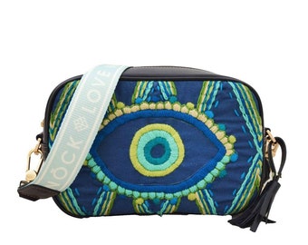 Camera Bag, Leather Handbag, Handbag Purse, Crossbody Bag for Women, Evil Eye Embroidered Bag, Handmade Bag. Gifts for Her, Unique Handbag.