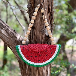 Bohemian Hand Woven Watermelon Straw Clutch with Wooden Beads Handle, Sandia Straw Bag. Oaxaca Art.