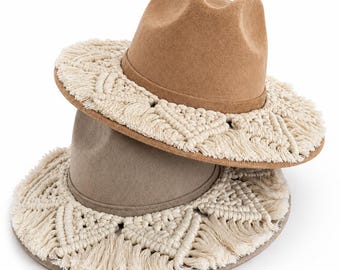 Macrame Band Felt Fedora Hat, Boho Wide Brim Hat for Women, Tan Suede Look Festival Hat, Handmade Mexico Fall Winter Hat