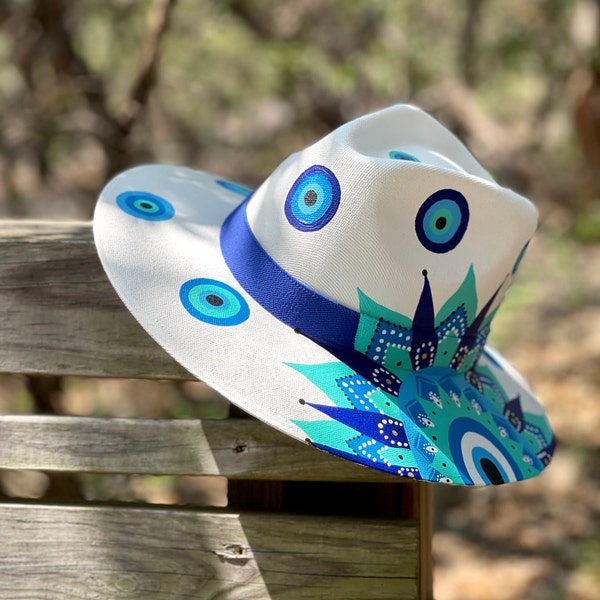 Hand-Painted Women's Sun Hat with Mexican Mandala Designs and Blue Evil Eye | Fedora Style with Inner Elastic Band.