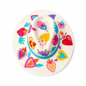 Boho statement fedora hat hand painted in Mexico featuring vibrant heart artwork on white background