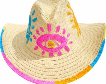 Women Sun Hat, Hand Embroidered Straw Hat, Mexican Artisan Beach Hat, Boho Wide Brim Summer Hat, Bamboo Straw Fedora, Regalo Para Mujer