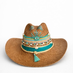 New Colombian Embellished Straw Flat Hat Size Large Boho Havana Panama Fedora - Straw Hat for Summer with Floral Band main image 3
