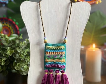 Handmade Crochet Tassel Necklace, Vintage Textile Bohemian Jewelry
