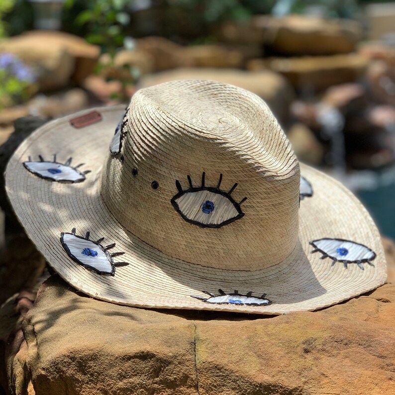 Embroidered Straw Hat, Palm hat, Fedora hat, Decorated hat, Summer hat, Women's Hat, Evil Eye Hat, Mexican Hat, Gifts for Her, Beach Hat. image 7