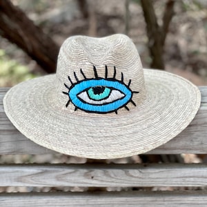 Handmade Straw Hat with Embroidered Evil Eye, Boho Sun and Beach Accessory.