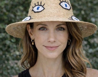 Embroidered Evil Eye Hat, Handmade Straw Hat. Summer Style.