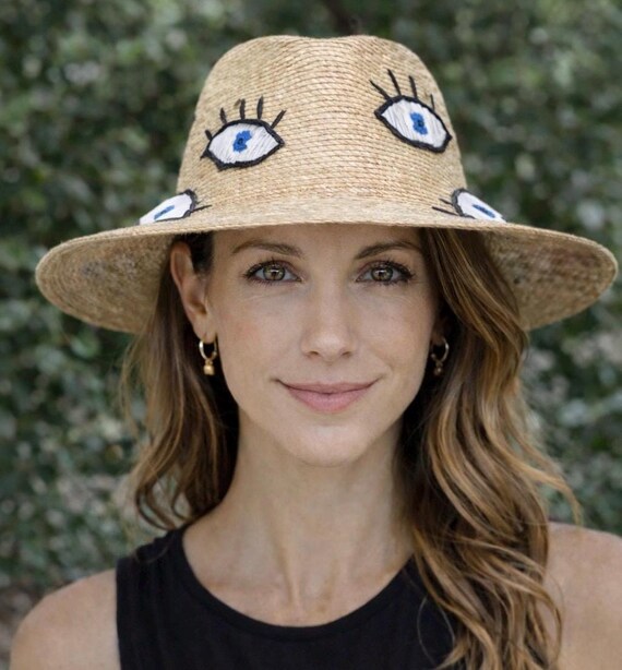 Embroidered Evil Eye Hat, Handmade Straw Hat. Summer Style 