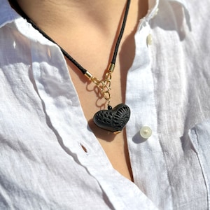 Handmade Barro Negro Heart Pendant Necklace, Mexican Ceramic Jewelry Gift.