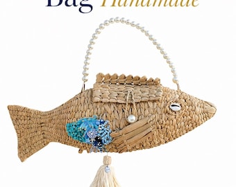 Fischförmige Strohtasche - Handgemachte gewebte Sommerhandtasche | Boho Strand Geldbörse mit Perlengriff