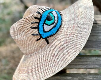 Handmade Straw Hat With Embroidered Evil Eye, Boho Sun and  display picture 3