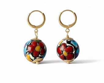 Talavera Earrings Handmade – Mexican Ceramic Drop Earrings, Colorful Artisan Jewelry, Gold Hoop Dangle, Regalo Para Mujer, Bootsologie