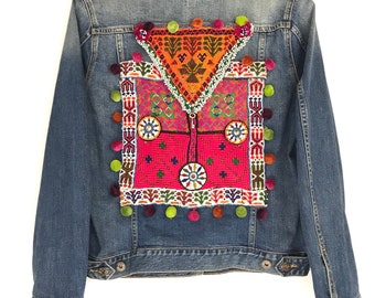 Boho Denim Jacket for Women - Beaded Banjara Patches and Fringes - Handmade Unique Design - Ultimate Boho Style Gift