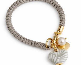 Pulseira Talavera Coração Feita no México | Pulseira de Corda Cinza com Pérola | Joias de Cerâmica Mexicana | Presente para Mulher | Bootsologie