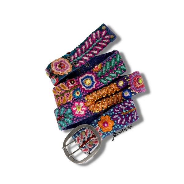 Handmade Peruvian Belt. Embroidered belt. Wool Belt in Blue. Floral belt. Boho Belt for Women Perfect gift for her.