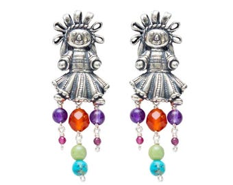Muñeca Mexicana Earrings, Mexican Doll Earrings, Frida Inspired Jewelry, Aretes de Plata, Handmade Mexican Jewelry, Regalo Para Mujer