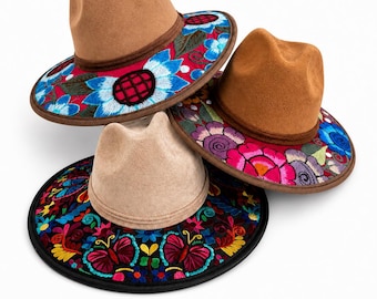 Hand Embroidered Oaxaca Hat Handmade in Mexico | Suede-Like Wide Brim Floral Hat | Mexican Artisan Statement Hat | Regalo Para Mujer |