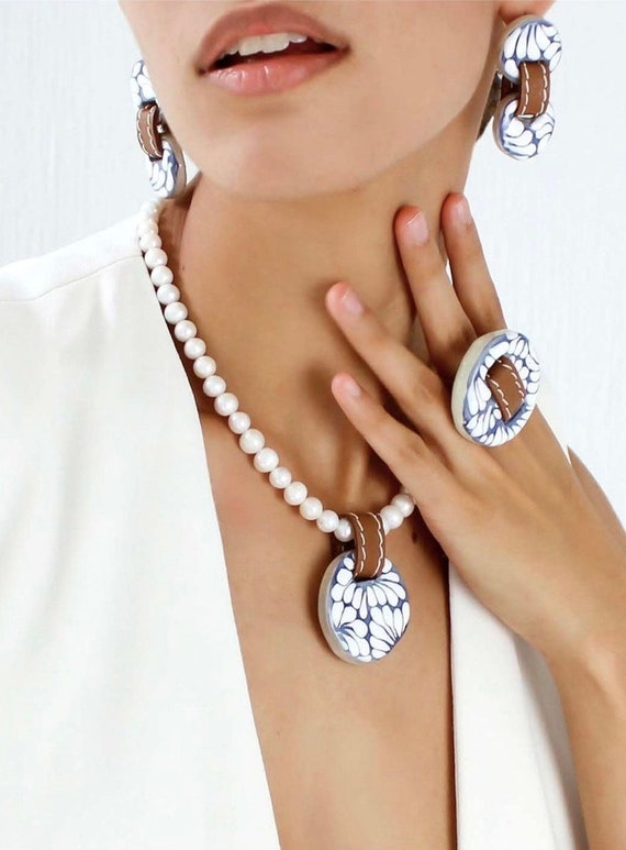 Colorful Talavera Pottery Pendant Necklace With Beads and Pearls