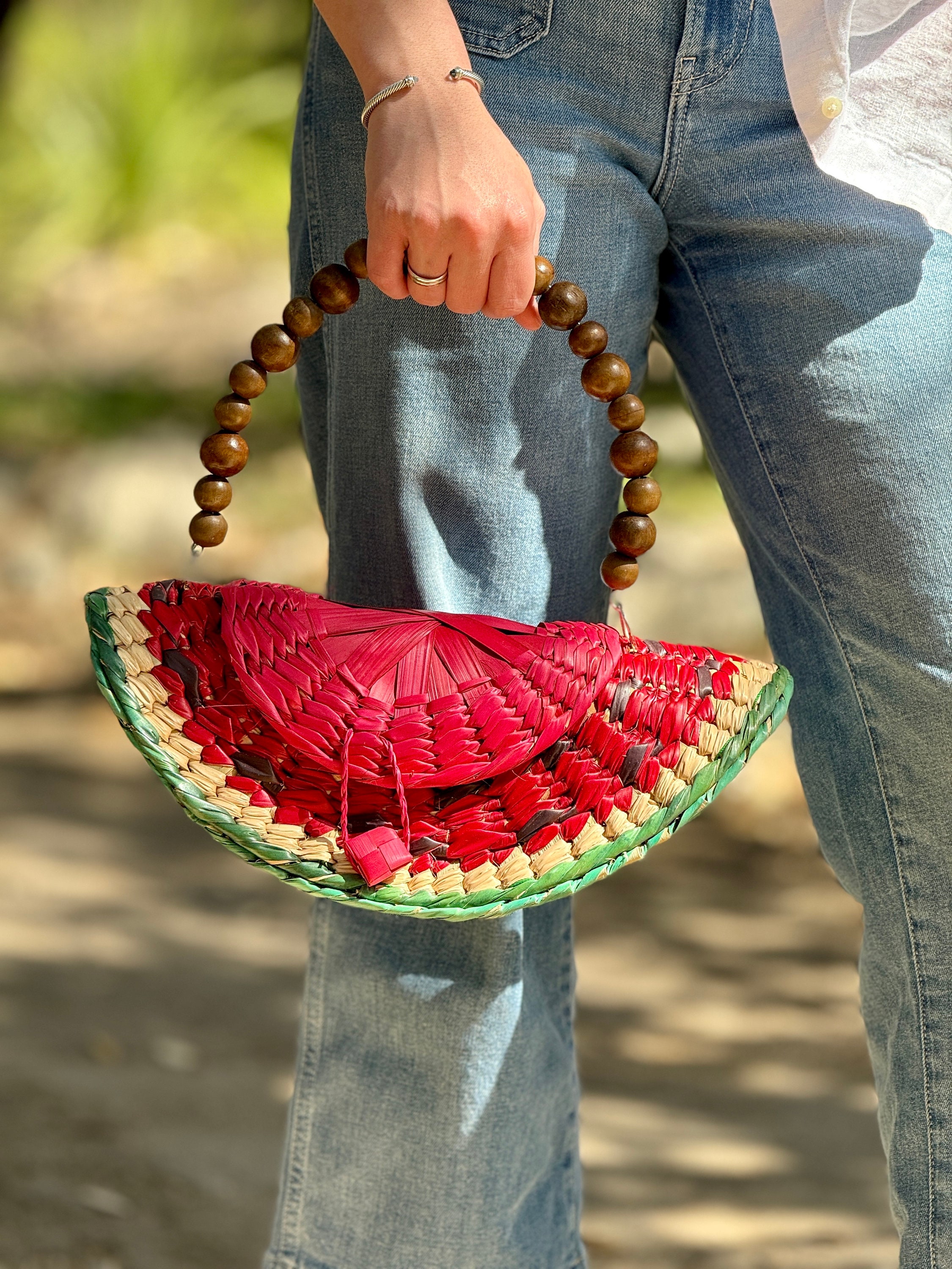 Bohemian Hand Woven Watermelon Straw Clutch With Wooden Beads