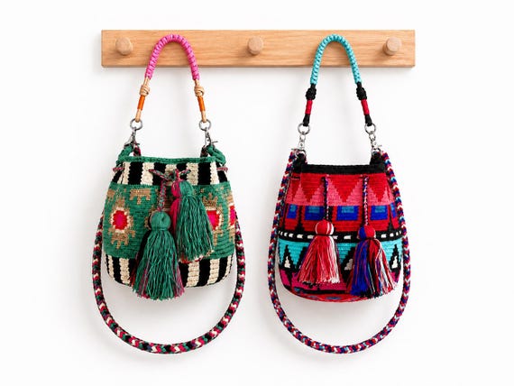 Wayuu Bag Crossbody Two Straps | Handmade Colombian Mochila Bag | Statement Hardware Boho Purse | Unique Artisan Bag | Regalo Para Mujer