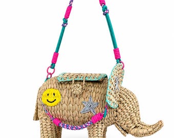 Elephant Straw Crossbody Bag, Handmade Woven Animal Purse, Boho Statement Bag, Unique Summer Shoulder Bag, Gift for Her