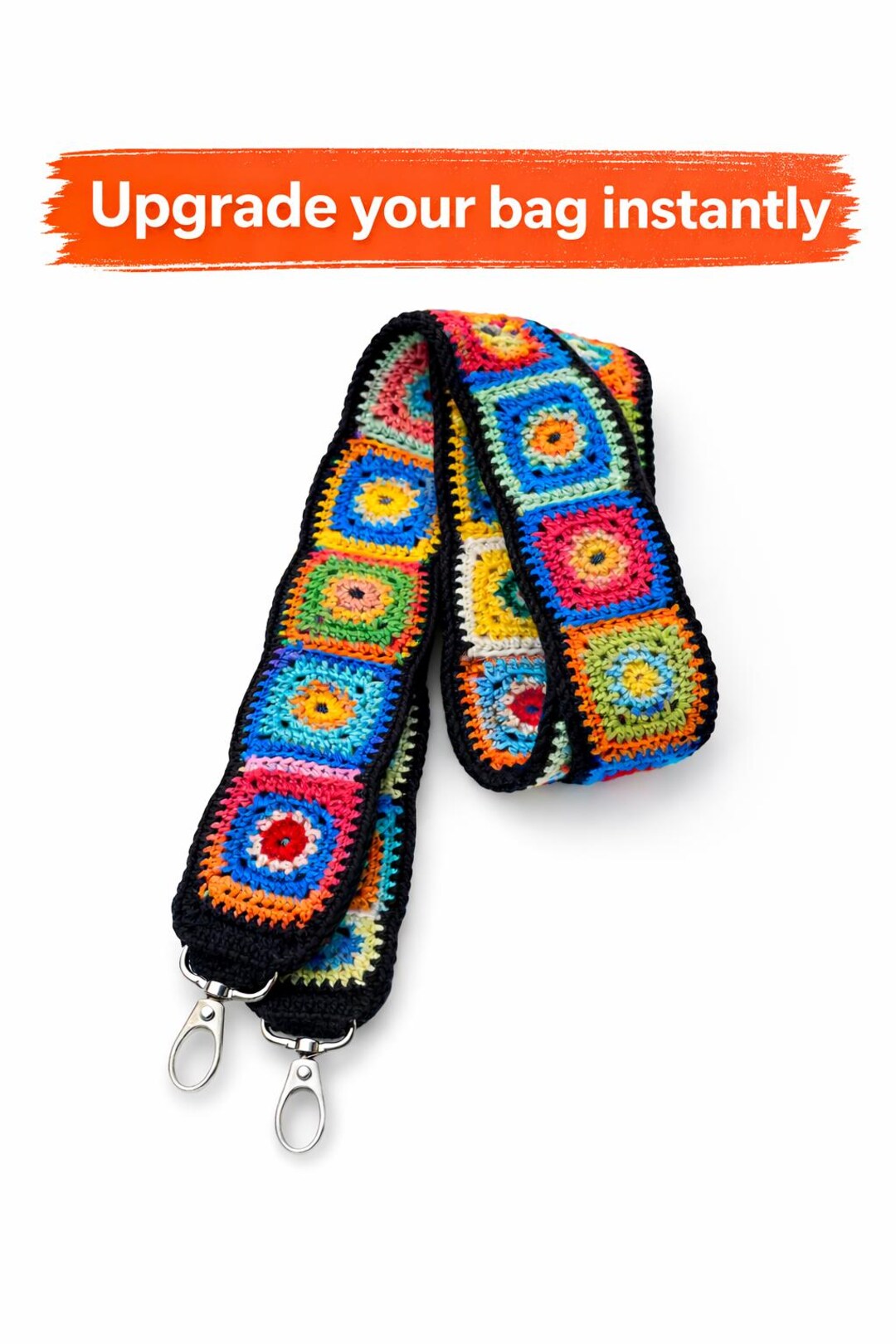 Boho Crochet Bag Strap Wide Colorful Granny Square Strap
