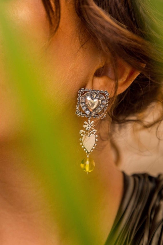 Taxco Silver Heart Earrings: Mexican Milagro Charm, Amber Bead