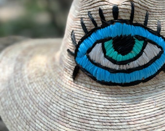 Handmade Straw Hat With Embroidered Evil Eye, Boho Sun and  display picture 2