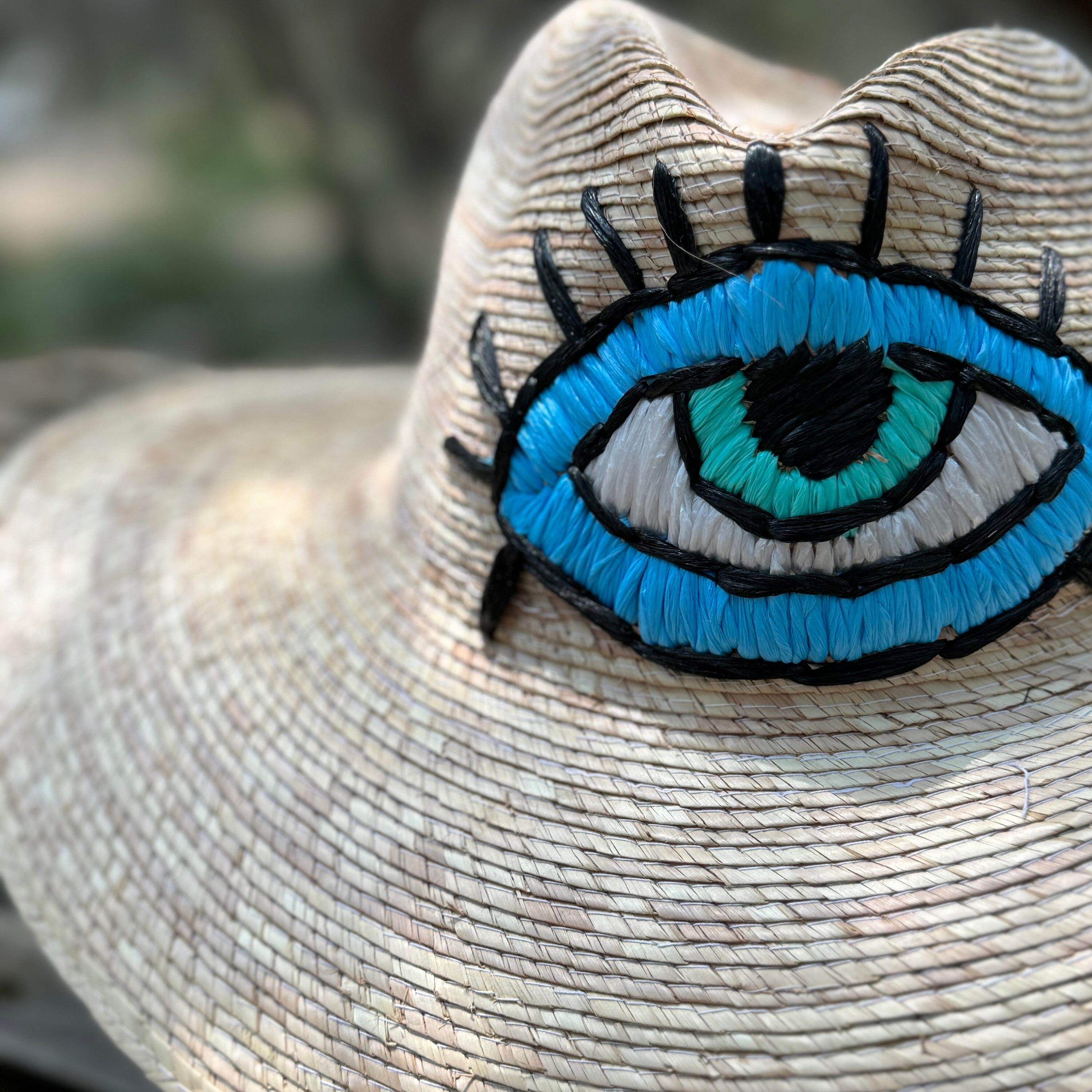 Handmade Straw Hat With Embroidered Evil Eye, Boho Sun and  display picture 2