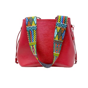 Handmade Huichol Purse Strap - Colorful Camera Strap, Traditional Techniques, Genuine Leather Finish.