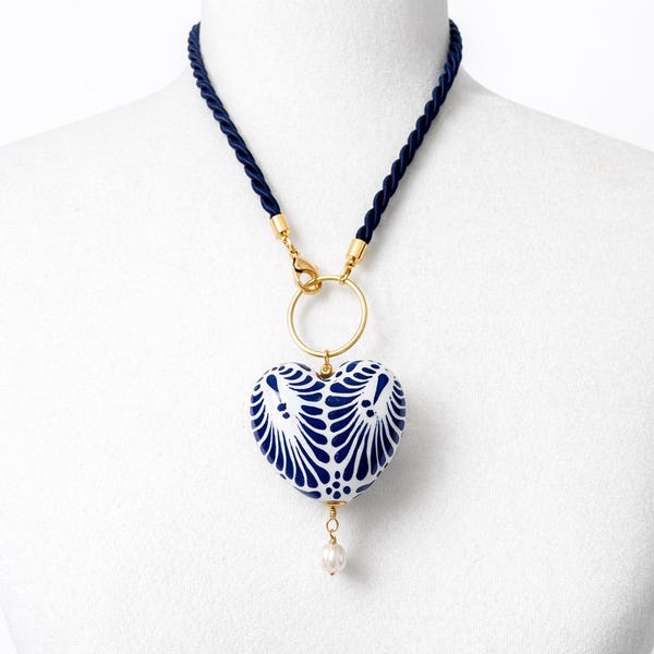 Colar Talavera Coração Pingente Cerâmica Azul e Branca Joias Mexicanas Colar Estilo Boho Presente para Mulher Bootsologie