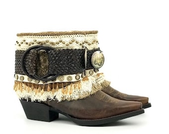 Unique Festival Embellished Leather Western Cowboy Cowgirl Booties
