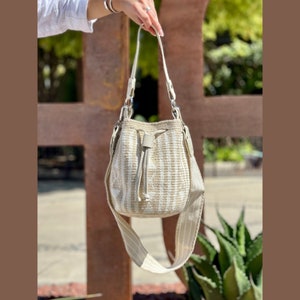 Wayuu Crossbody Bucket Bag with Leather Top Handle - Unique Gifts for Her.
