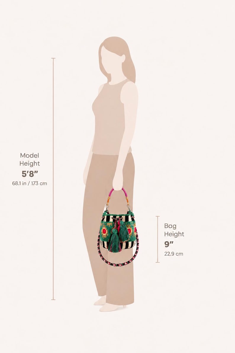 May include: A woven bucket bag featuring green, black, and white geometric patterns with a pink handle and dark green tassels. The bag has a height of 9 inches. A diagram shows a model height of 5'8" for scale, indicating the bag's size.