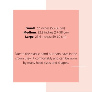 May include: Text on a pink background reads: Small: 22 inches (55-56 cm), Medium: 22.8 inches (57-58 cm), Large: 23.6 inches (59-60 cm). The text also states that the hats fit comfortably due to the elastic band.