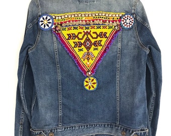 Boho Denim Jacket for Women - Beaded Banjara Patches and Fringes - Handmade Unique Design - Ultimate Boho Style Gift